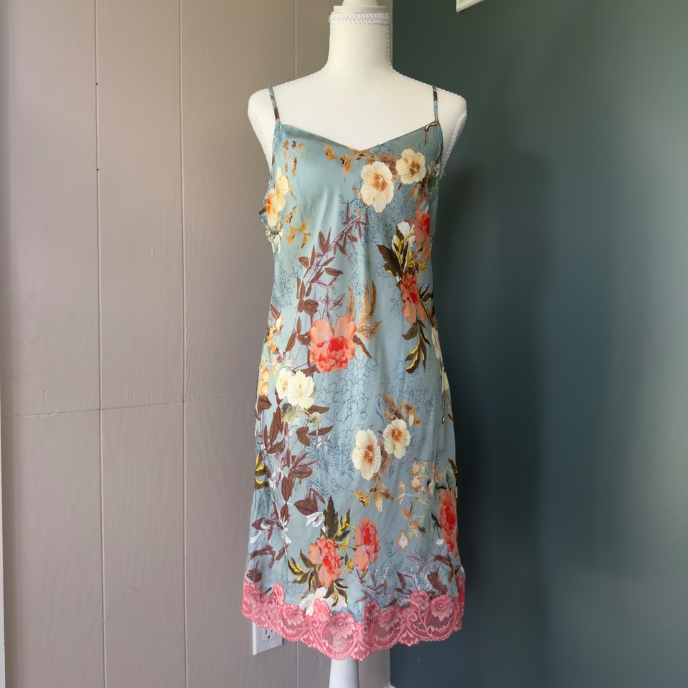 Intimissimi Blue Floral Silk Lace Trim Slip Dress Chemise Crane Print Sleepwear